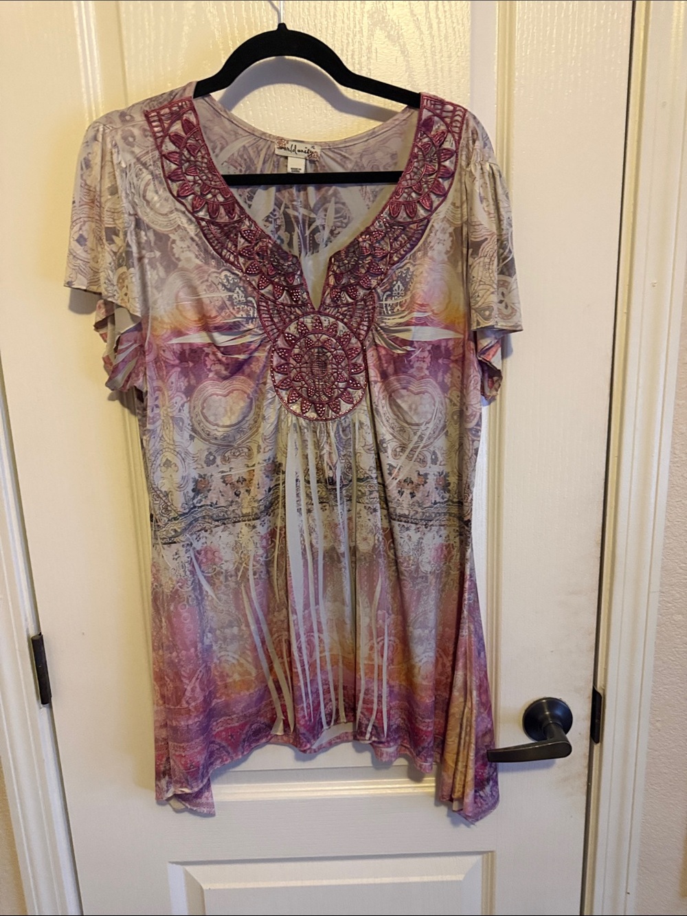 Embellished Boho V-Neck Tunic Top - Pink Multi